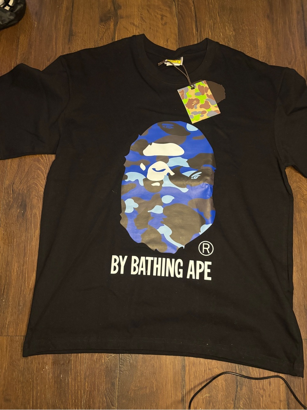 Bape Black Tee with Blue Camo Ape Head